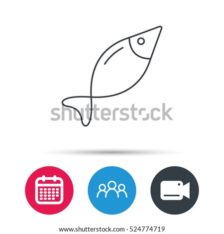Fish icon. Fishing sign. Natural seafood symbol. Group of people, video cam and calendar icons. Vector