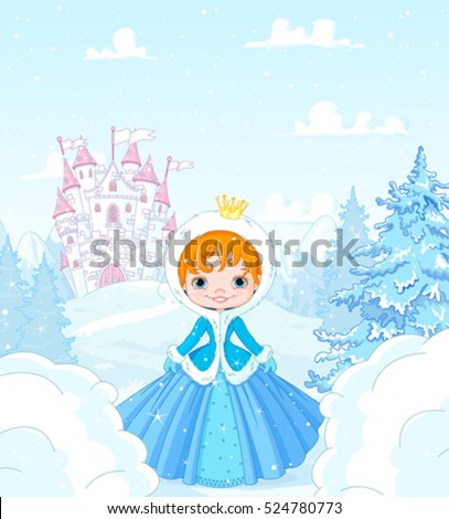 Cute little princess in the snow, standing in front of a magic castle