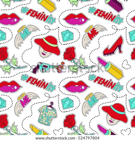 Girl power themed seamless pattern. 80s style. Funny and colorful girly pattern. Vector illustration for your graphic design.