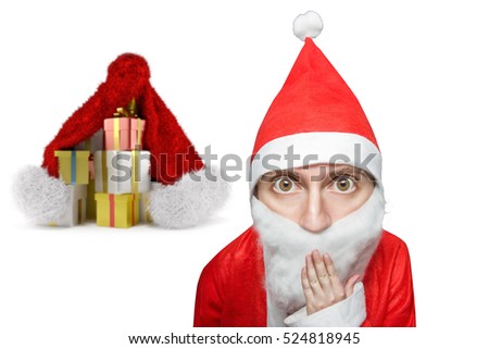 surprised santa claus with hand over mouth forget the gifts in the background