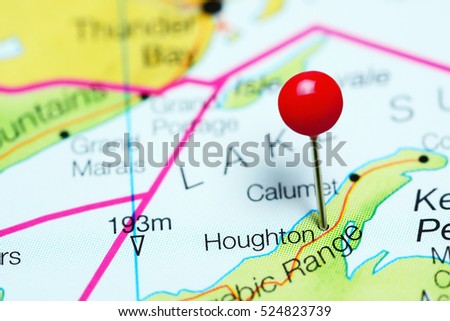 Houghton pinned on a map of Michigan, USA
