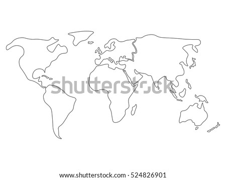 World map divided to six continents in black - North America, South America, Africa, Europe, Asia and Australia Oceania. Simplified black outline of blank vector map without labels.
