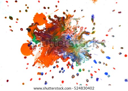 Isolated large patches spots blots of splash of mixed colors on a white background. paint drips red, orange, yellow, blue blurred abstract background on a white paper background surface