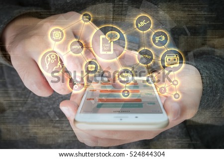 Chat bot and future marketing concept , chatbot connect icons with hand holding mobile phone and graphic background