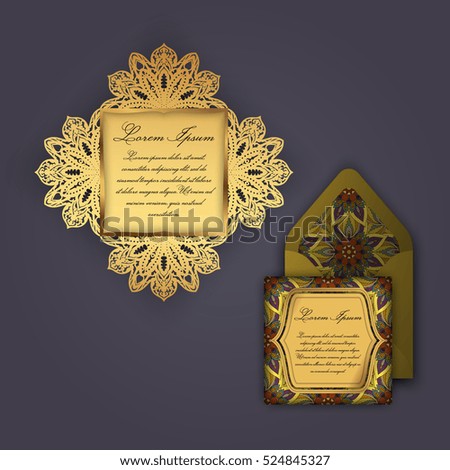 Wedding invitation or greeting card with vintage floral ornament. Paper lace envelope template, mock-up for laser cutting. Vector illustration.