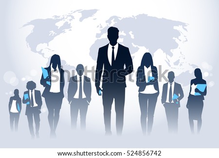 Business People Team Crowd Walk Silhouette Concept Businesspeople Group Human Resources over World Map Background Vector Illustration