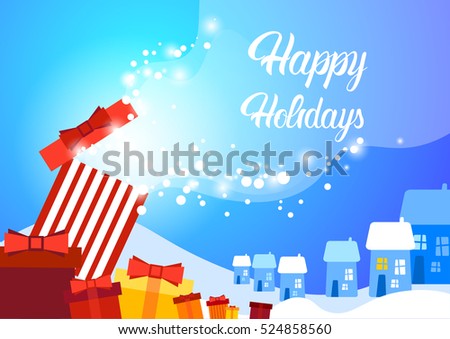 Snowy Village Happy New Year Merry Christmas Greeting Card Banner Flat Vector Illustration