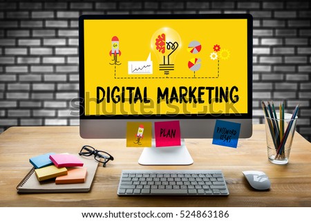 DIGITAL MARKETING  new startup project work analysing and advertisement man brainstorming to seo brand Royalty-Free Stock Photo #524863186