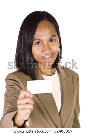 Businesswoman Holding a Blank Businesscard -  Isolated White Background