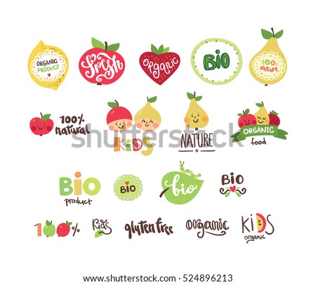 Set of organic, bio, eco and nature food logos and labels for baby food.  Royalty-Free Stock Photo #524896213