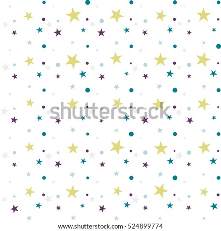 Colorful festive seamless pattern, abstract background with circles and stars on white. Infinity confetti geometric pattern. Wrapping paper. Vector illustration. 