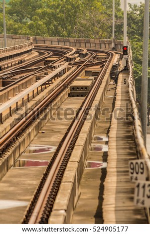 Detail of rail yard, tracks and endstation BTS in Thailand./ Metro subway tracks in Thailand.
