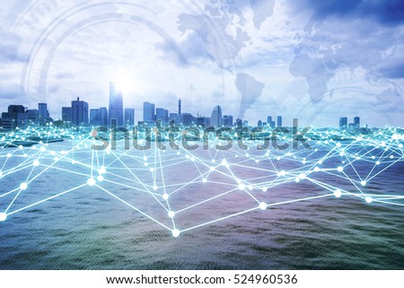 modern city skyline and mesh network concept Royalty-Free Stock Photo #524960536