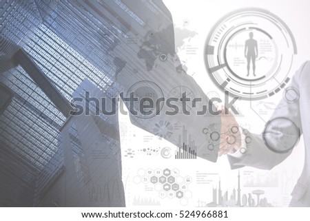 double exposure of business persons and modern office interior
