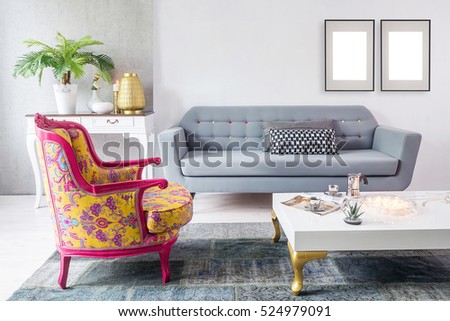 sofa living room with stone wall and classic armchair, large frame