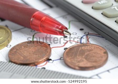 Financial background with money, calculator, ruler, graph and pen.