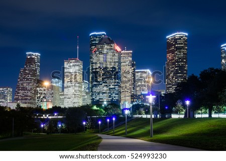 A view of downtown Houston at night Royalty-Free Stock Photo #524993230