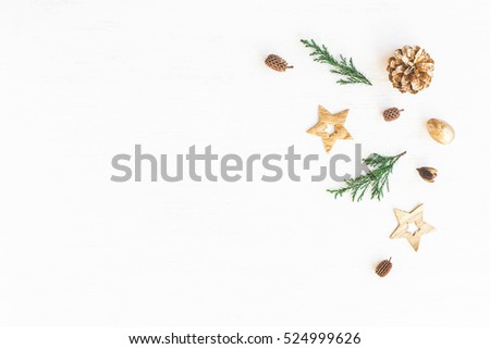 Christmas composition. Christmas decoration, cypress branches, pine cones. Flat lay, top view, copy space