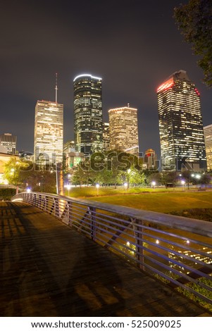 Night landscape of Downtown Houston in Buffalo Bayou park at night or sunset