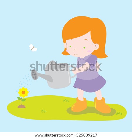 Cute drawing of girl watering the flower vector illustration stock