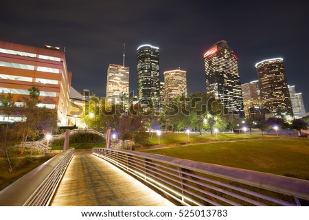 Night landscape of Downtown Houston at night or sunset, from bridge at Buffalo Bayou park