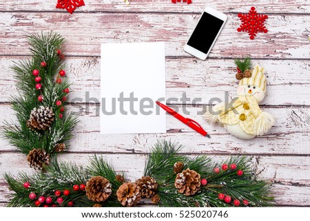 Background on Christmas or New Year fir tree, toys, snowman on a bright background. Copy space for text. Design the layout template greeting or gift card, banner and so on.