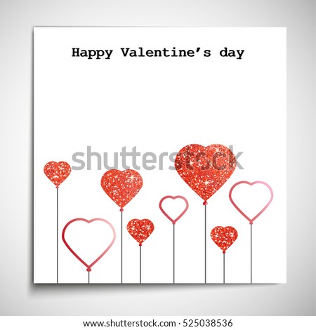 Red glitter heart balloons, isolated shape card. Vector illustration design for Happy Valentine's Day, wedding, romantic.