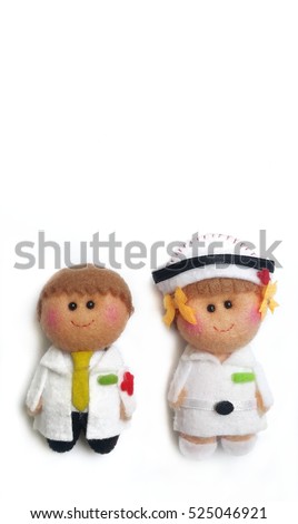 Doll doctor and nurse on white background with copy space.Ministry of Public Health.Medical staff
