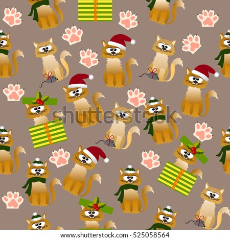 Very high quality original trendy vector seamless pattern with cute cats and paws