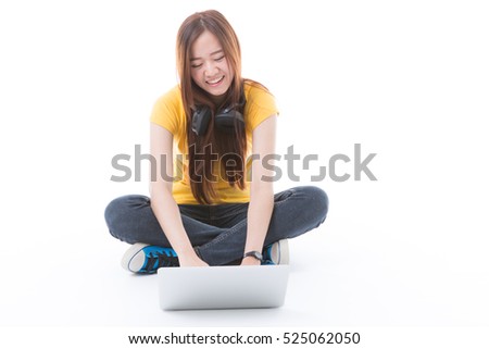 Woman student sitting with laptop isolated on white background.