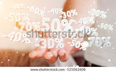 Businessman on blurred background holding sales icons in his hand 3D rendering