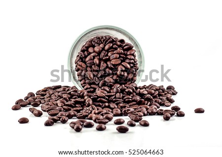 Coffee Beans in Glass bottles disrupted isolated on white background area for copy space.