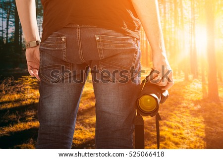 photographer photographic camera dslr photo person passion outdoor photographing travel make photography sunset sky background space banner concept - stock image