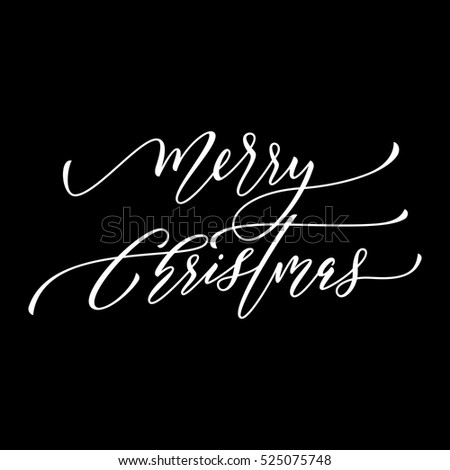 Greeting card design element. Merry Christmas calligraphy text. White festive decorative vector hand drawn lettering. Winter holiday black background