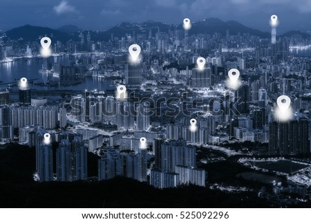 Map pin flat on blue tone Hong Kong cityscape background.
