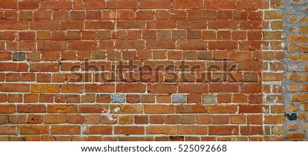 Red Brown Vintage Brick Wall With Shabby Structure. Horizontal Wide Brickwall Background. Grungy Red Brick Blank Wall Texture. Retro House Facade. Abstract Web Banner. Distressed Stonewall Surface