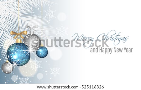 Merry Christmas and Happy New Year greeting card. Vector illustration with ornate hanging baubles.