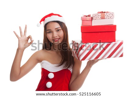 Asian Christmas Santa Claus girl with  gift box  isolated on white background