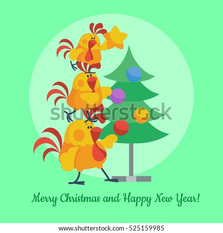 Cartoon roosters family decorating christmas tree. Cute cocks hanging toys on fir flat vector. Merry christmas and Happy New Year. Chinese zodiac calendar animal character. For Xmas invitation card