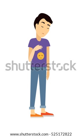 Young man in depression. Dispirited man character with sad smile on t-shirt flat vector illustration isolated on white background. Psychological problems. Human fillings and emotions concept
