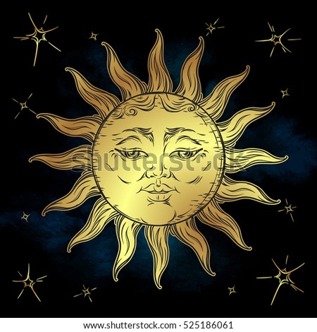 Golden sun and stars vector illustration. Hand drawn boho style fabric design, astrology, alchemy, magic