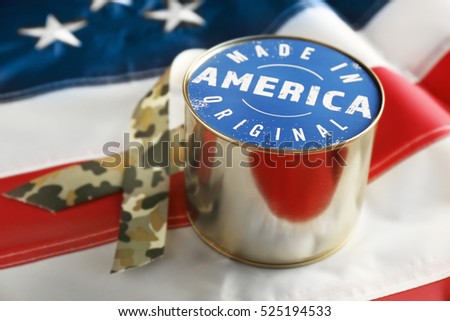 Canned food on American flag. Made in America