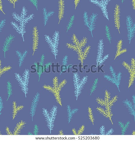 Vector hand drawn elegant minimalist spruce seamless pattern. Cute Christmas, branch background and pattern.