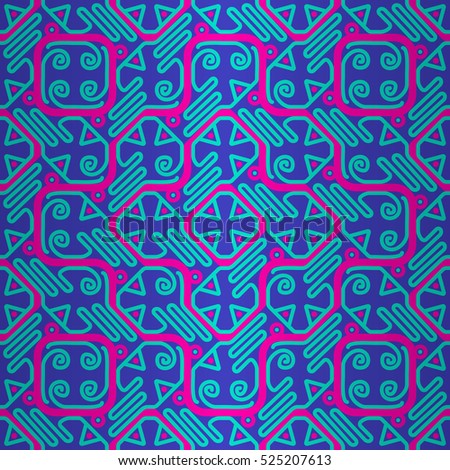 Pretty geometrical seamless pattern background in linear style. Intricate mosaic repeatable backdrop. Bright, contrast design for fabric, game, carpet or other purpose. Modern texture.