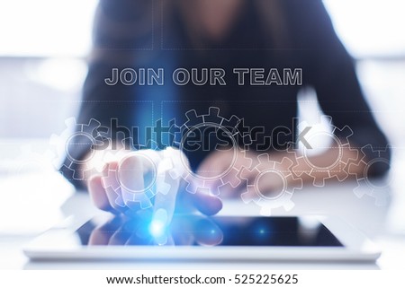 Woman is using tablet pc, pressing on virtual screen and selecting join our team.