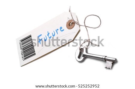 A silver key with a tag attached with a Future concept written on it.