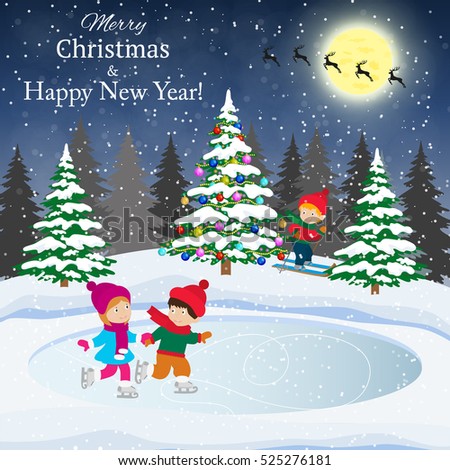 Happy new year and merry Christmas landscape card design with christmas tree. Winter scene with skating children. Children boy and girl on the winter ice-skating rink. vector illustration