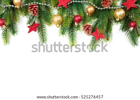Christmas border with trees, balls, stars and other ornaments, isolated on white. Studio shot
