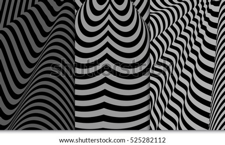 Set of distorsion line pattern. Optical illusion Vector illustration. Grey color. For wallpaper, interior design