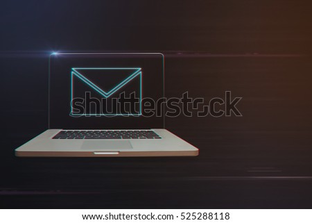 Laptop with E-Mail Icon on Light Motion Background and Lens Flare - Digital 3d Effect Style Color